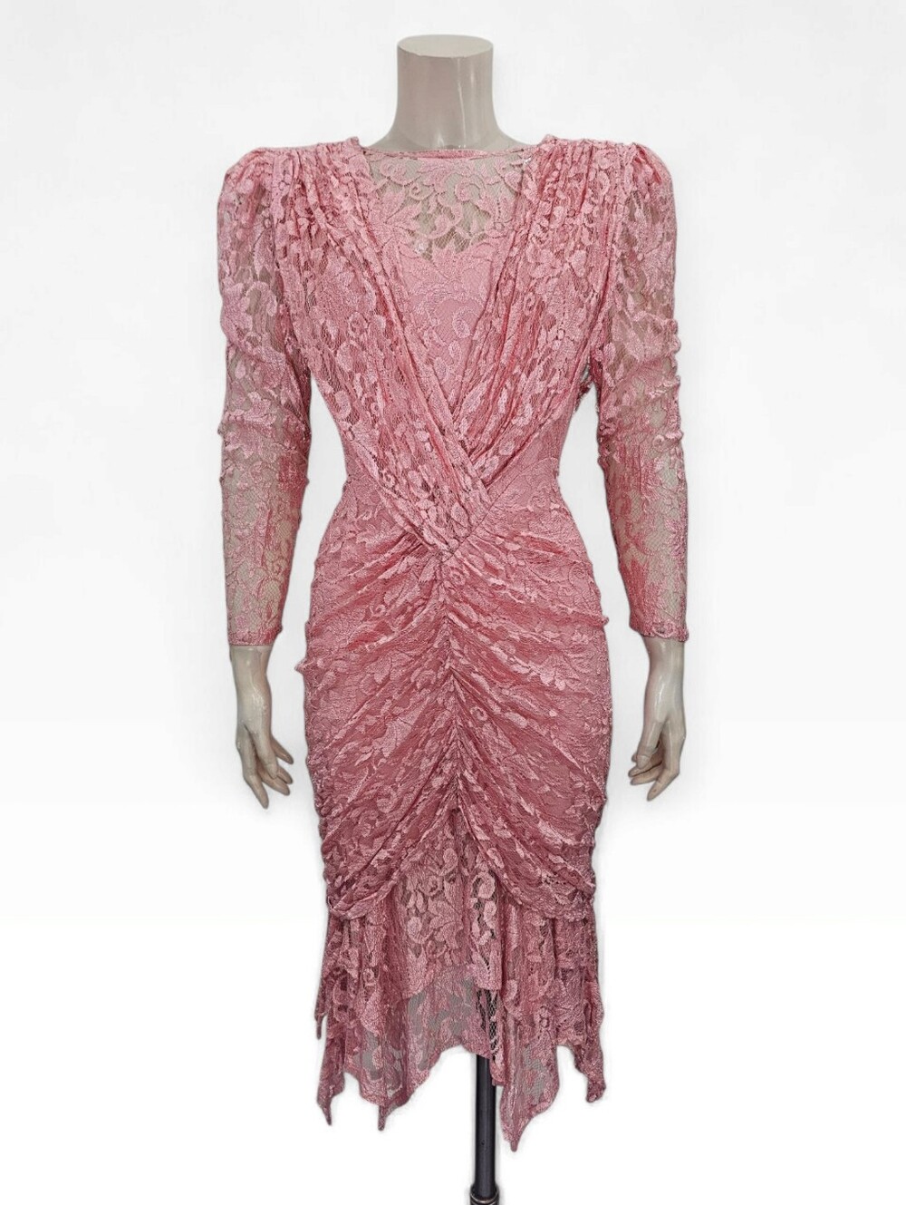 Vtg 80s A LA CARTE Pink Lace Ruched Romantic Midi Cocktail Dress S